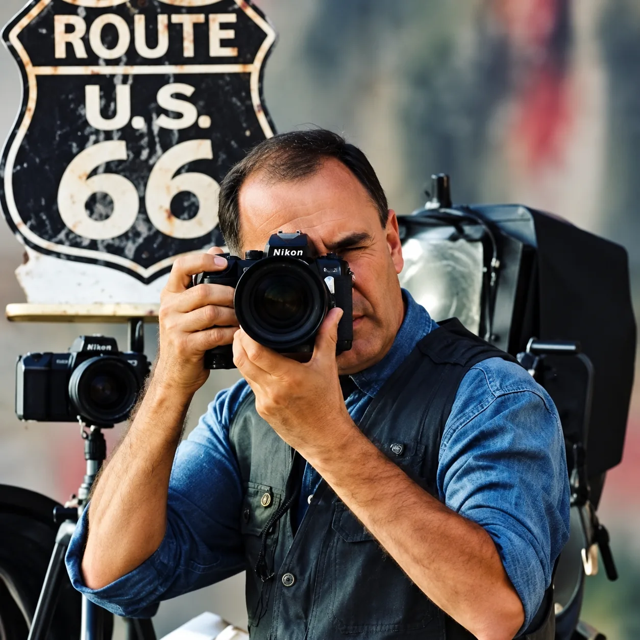 Mateus Argolo com uma câmera junto ao rosto, em frente a uma placa Route 66.